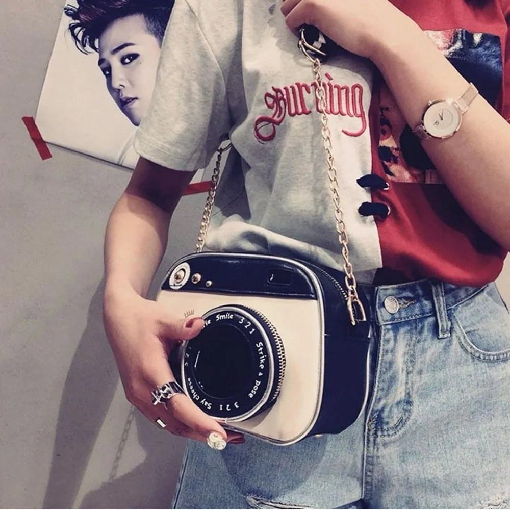NWOT Stylish Black and White Camera Crossbody Bag